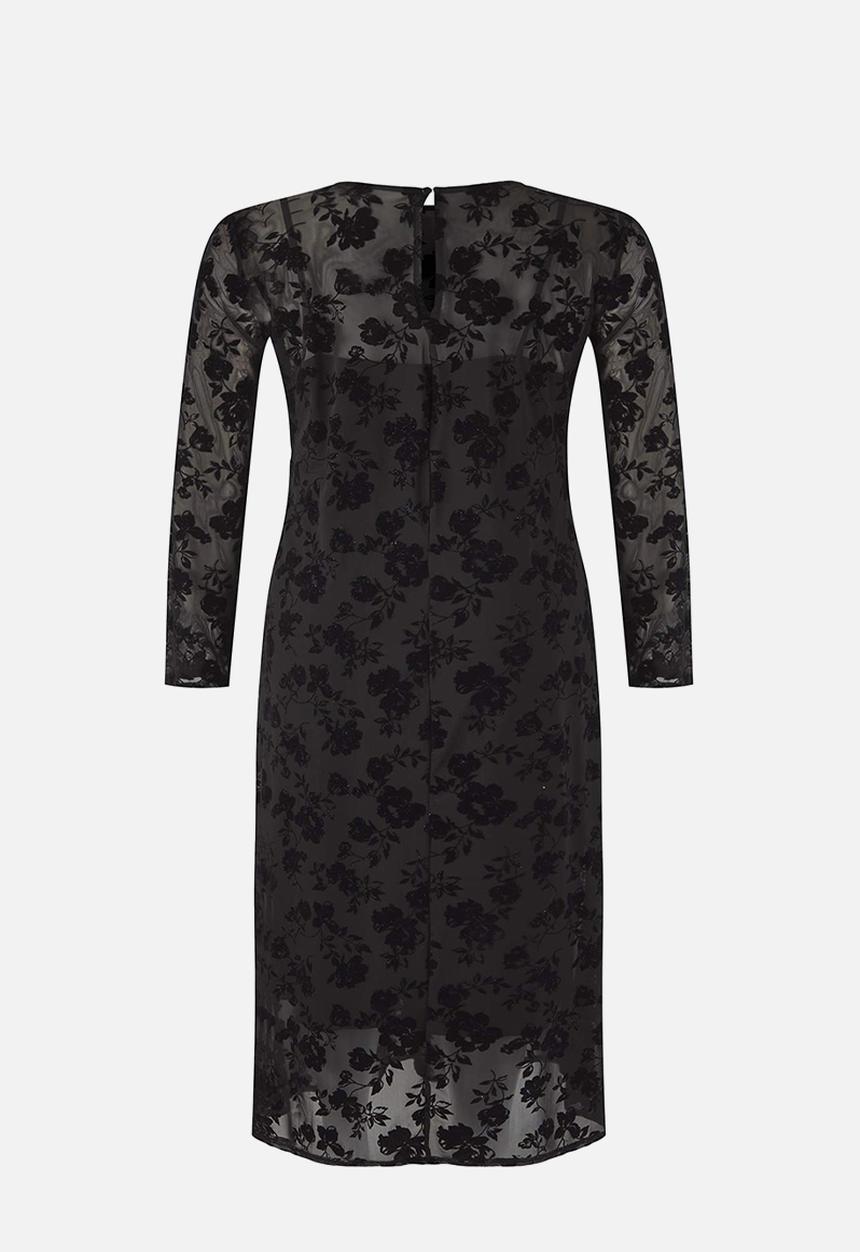 Trendyol - New Year Crew Neck A-Line Floral Pattern Maxi Plus Size Knitted Tulle Dress - Black
