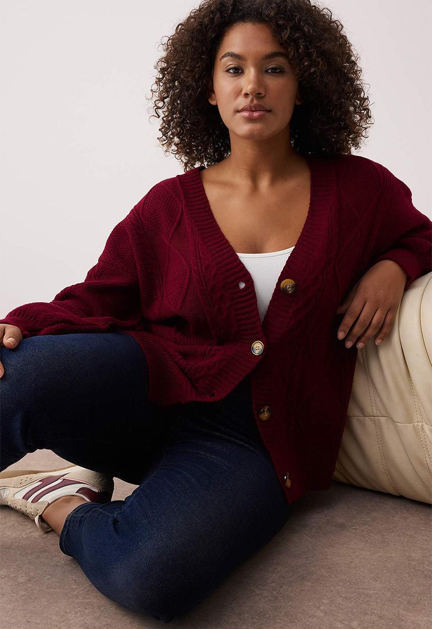 Trendyol - Plus Hair Braid Detailed V-Neck Button Knitwear Cardigan - Burgundy