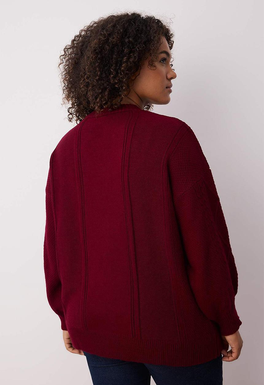 Trendyol - Plus Hair Braid Detailed V-Neck Button Knitwear Cardigan - Burgundy