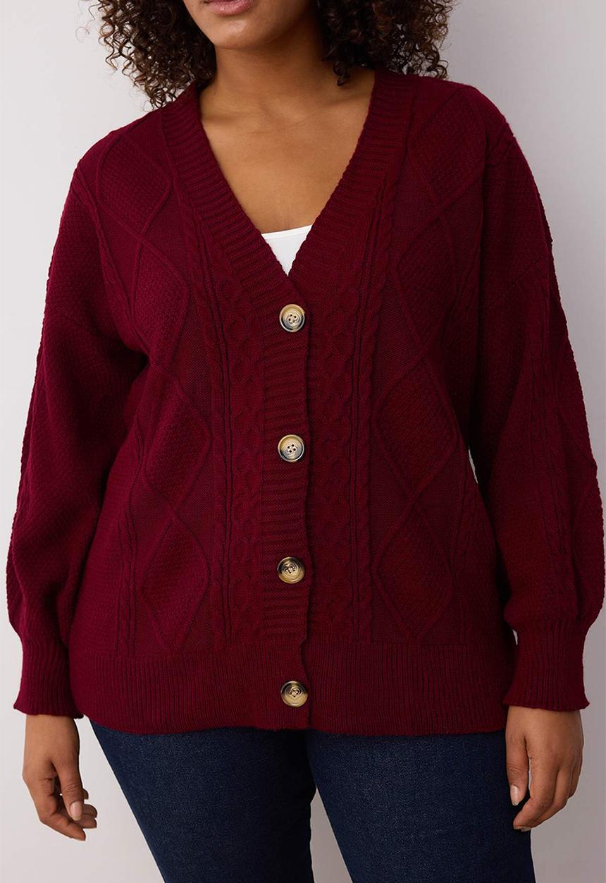 Trendyol - Plus Hair Braid Detailed V-Neck Button Knitwear Cardigan - Burgundy