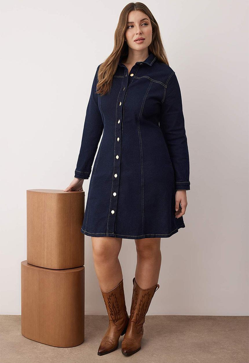 Trendyol - Plus A-Line Stretch Denim Dress - Blue