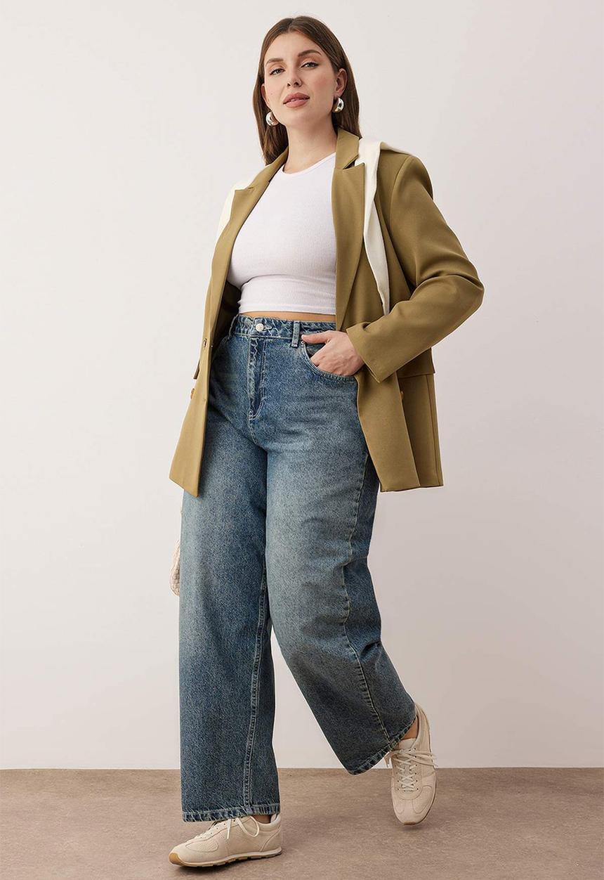Trendyol - Plus High Waist Barrel Baggy Jeans - Blue