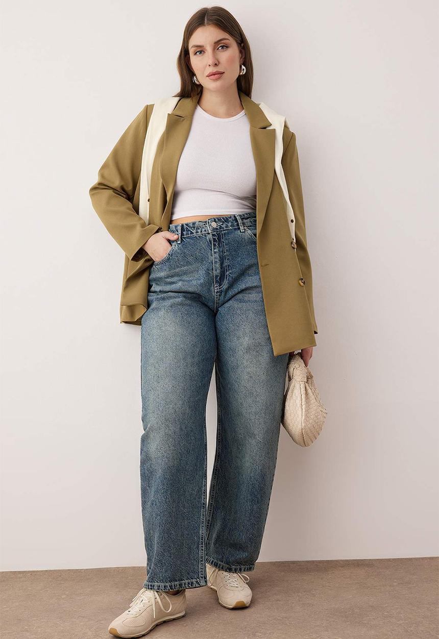Trendyol - Plus High Waist Barrel Baggy Jeans - Blue