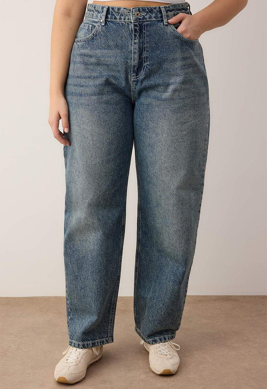 Trendyol - Plus High Waist Barrel Baggy Jeans - Blue