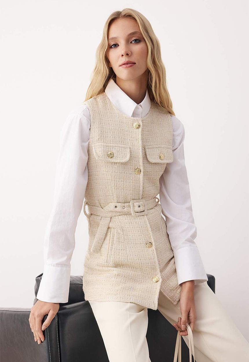 Trendyol - Tweed Woven Vest - Ecru
