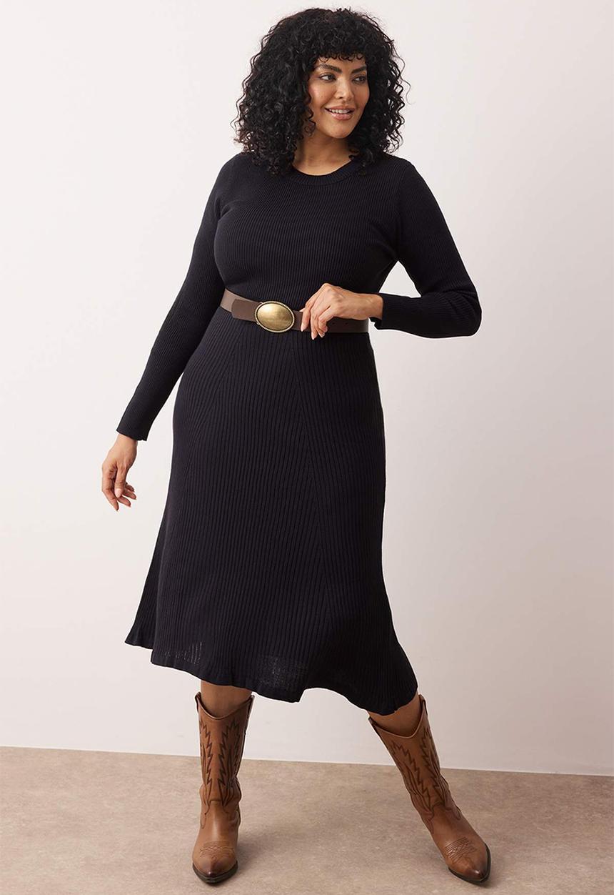 Trendyol - Plus Corded Crew Neck Midi Knitwear Dress - Navy Blue