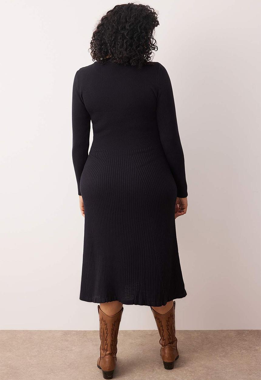 Trendyol - Plus Corded Crew Neck Midi Knitwear Dress - Navy Blue