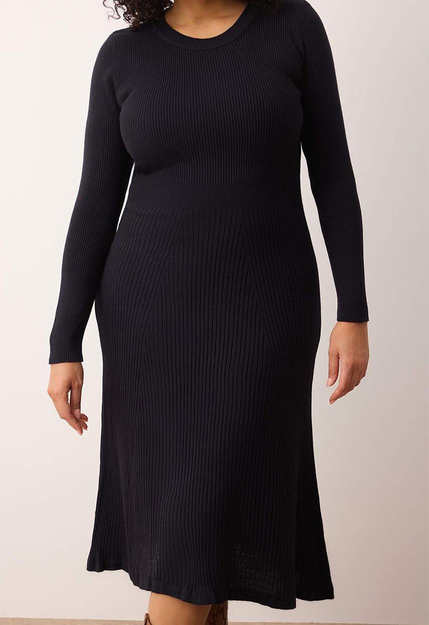 Trendyol - Plus Corded Crew Neck Midi Knitwear Dress - Navy Blue