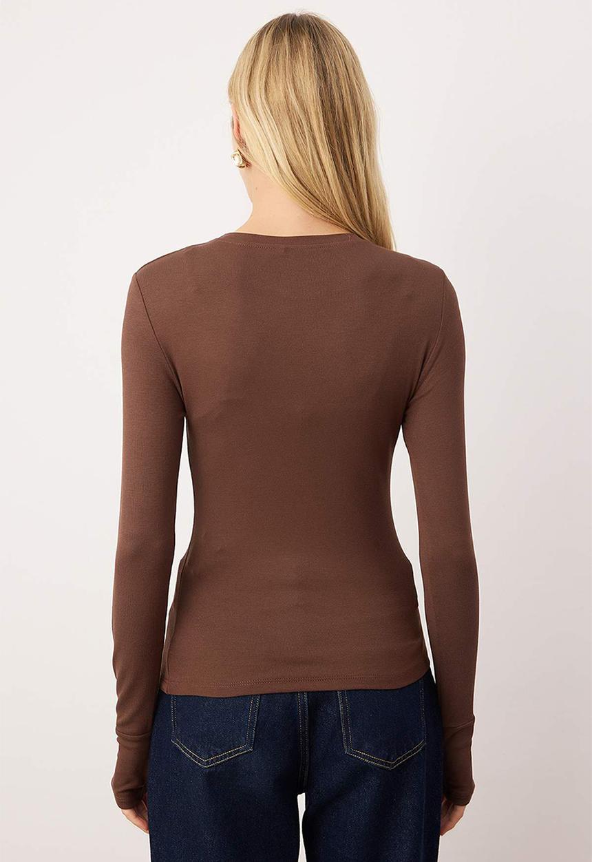 Trendyol - Viscose/Soft Fabric Stretch Knitted Blouse with Finger Detail - Brown