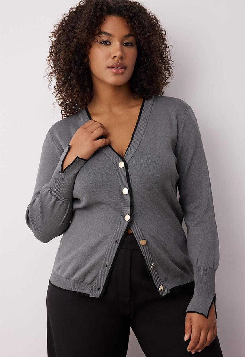 Trendyol - Plus Button Detailed Striped Knitwear Cardigan - Grey