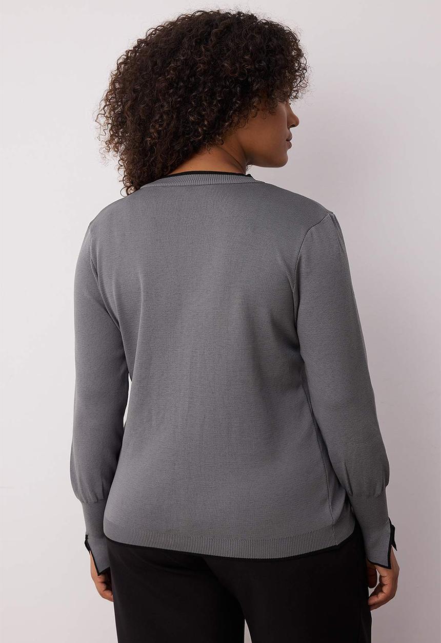 Trendyol - Plus Button Detailed Striped Knitwear Cardigan - Grey