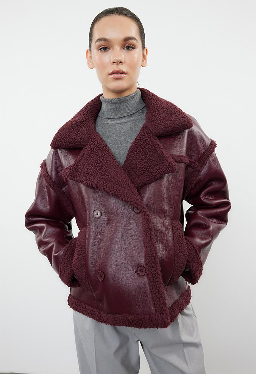 Trendyol - Faux Leather Biker Jacket with Plush Detail - Claret Red