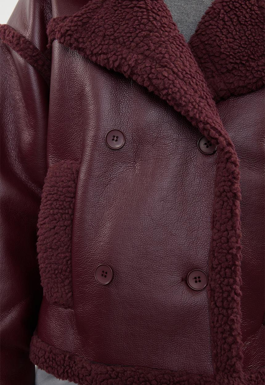 Trendyol - Faux Leather Biker Jacket with Plush Detail - Claret Red