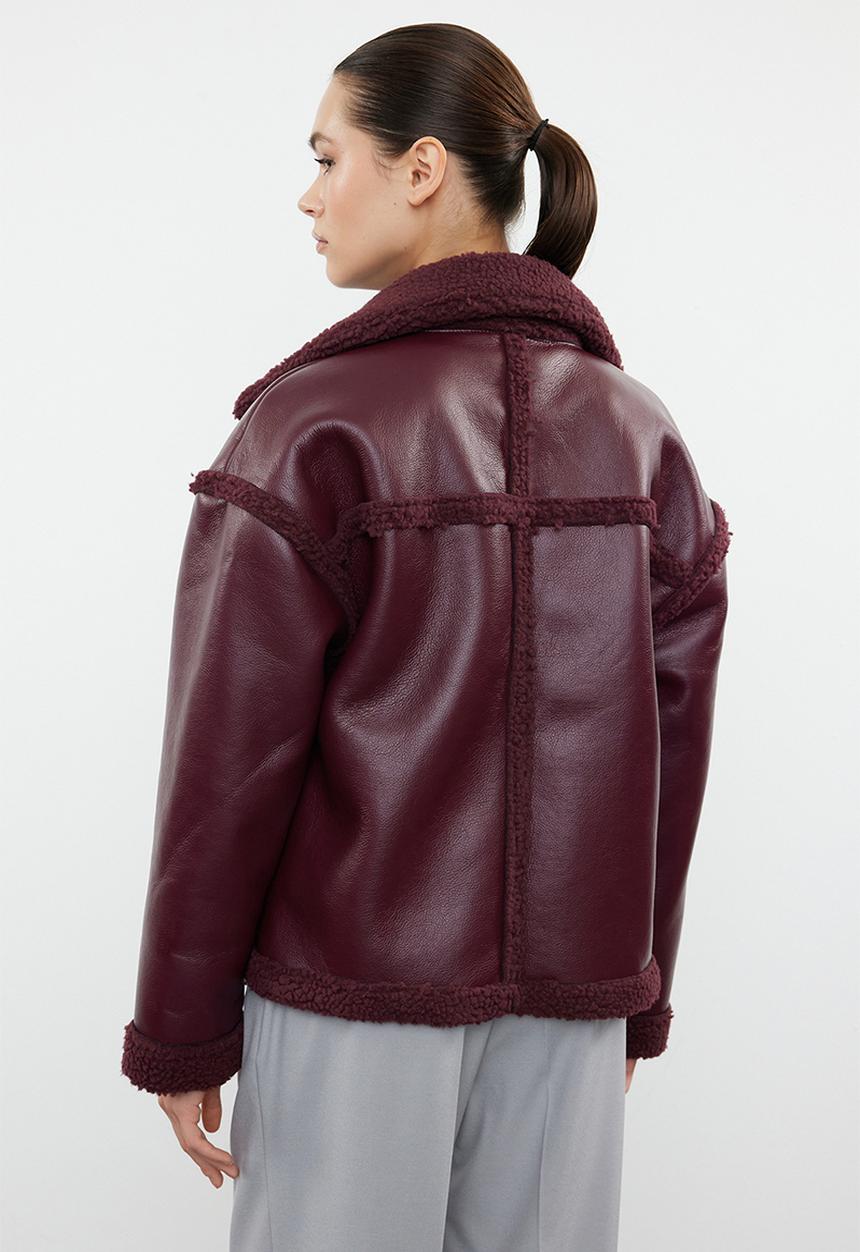 Trendyol - Faux Leather Biker Jacket with Plush Detail - Claret Red