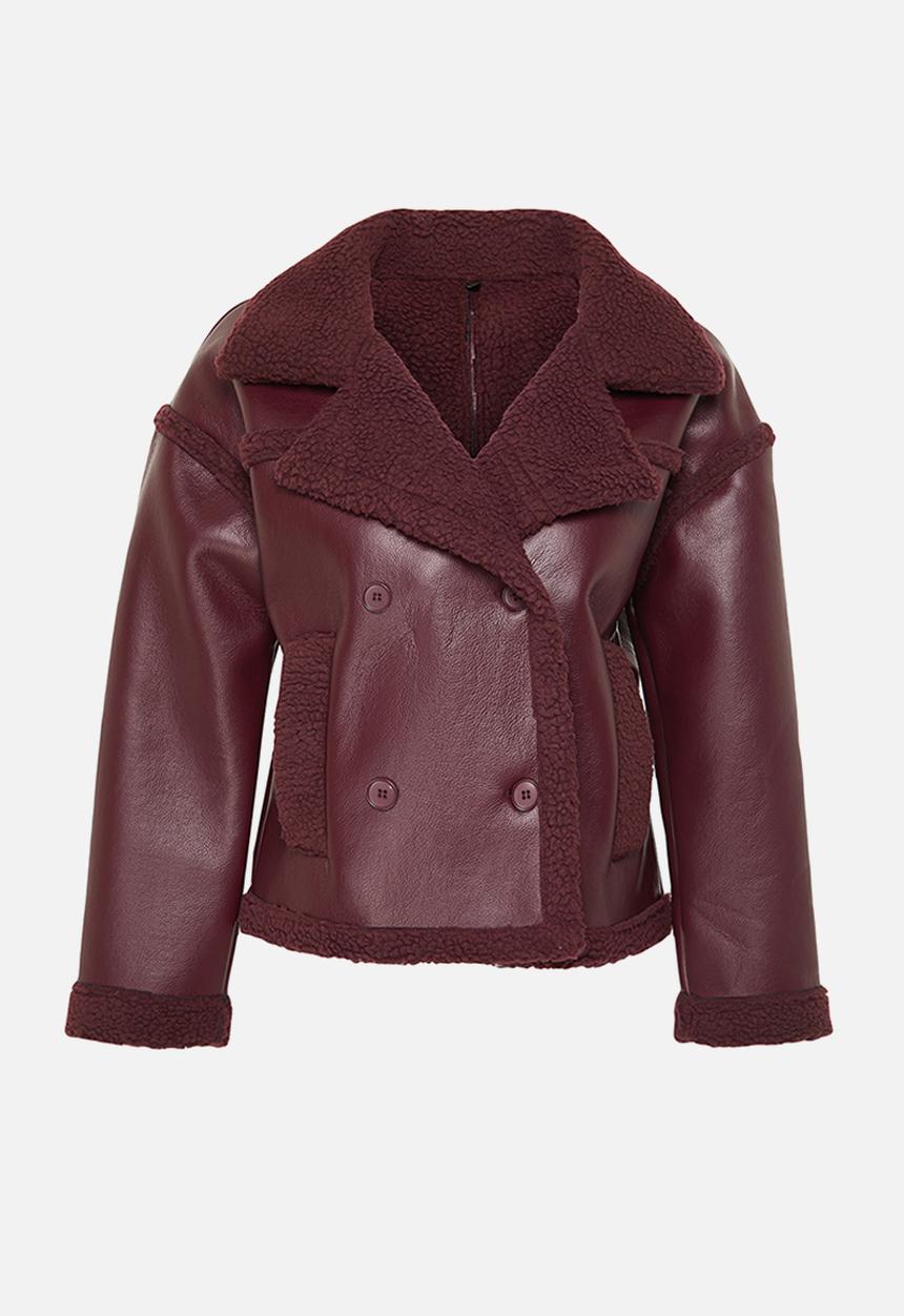 Trendyol - Faux Leather Biker Jacket with Plush Detail - Claret Red