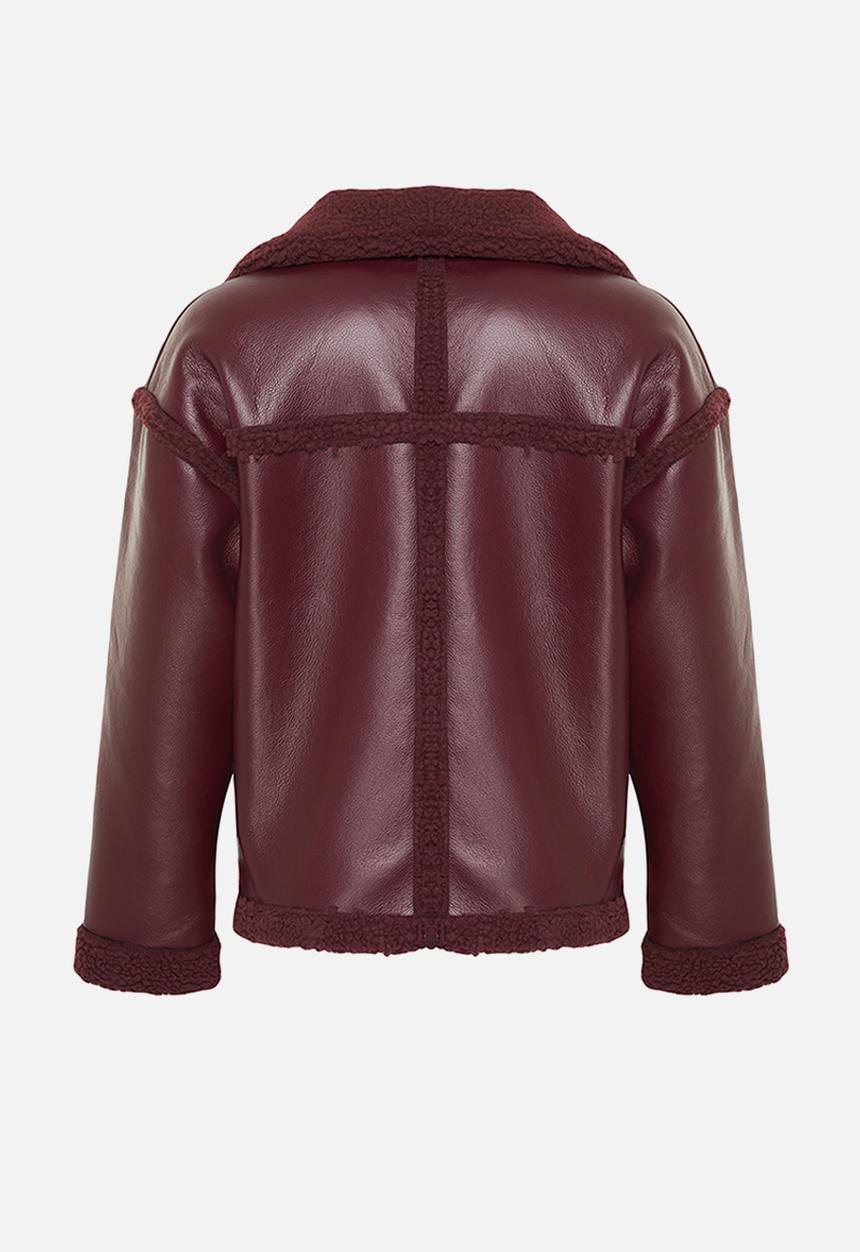 Trendyol - Faux Leather Biker Jacket with Plush Detail - Claret Red