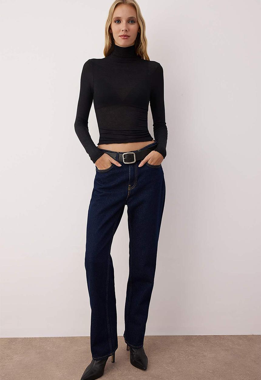 Trendyol - See-Through Stand Collar Stretch Regular Length Knitted Blouse - Black