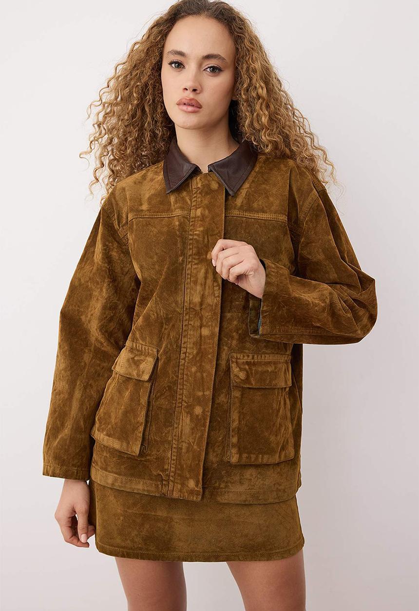 Trendyol - Collar Leather Detailed Suede Look Oversize Denim Jacket - Camel