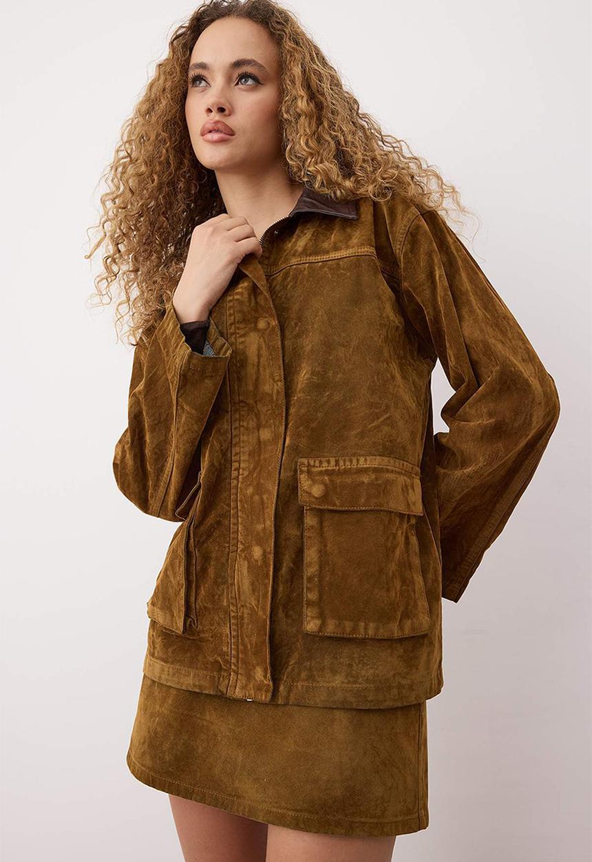 Trendyol - Collar Leather Detailed Suede Look Oversize Denim Jacket - Camel