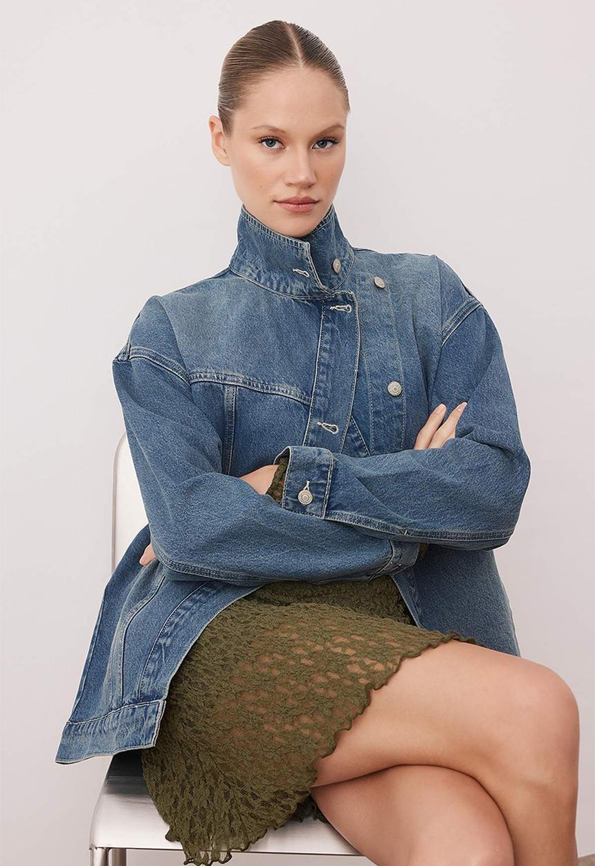 Trendyol - Double Breasted Closure Stand Collar Denim Jacket - Blue