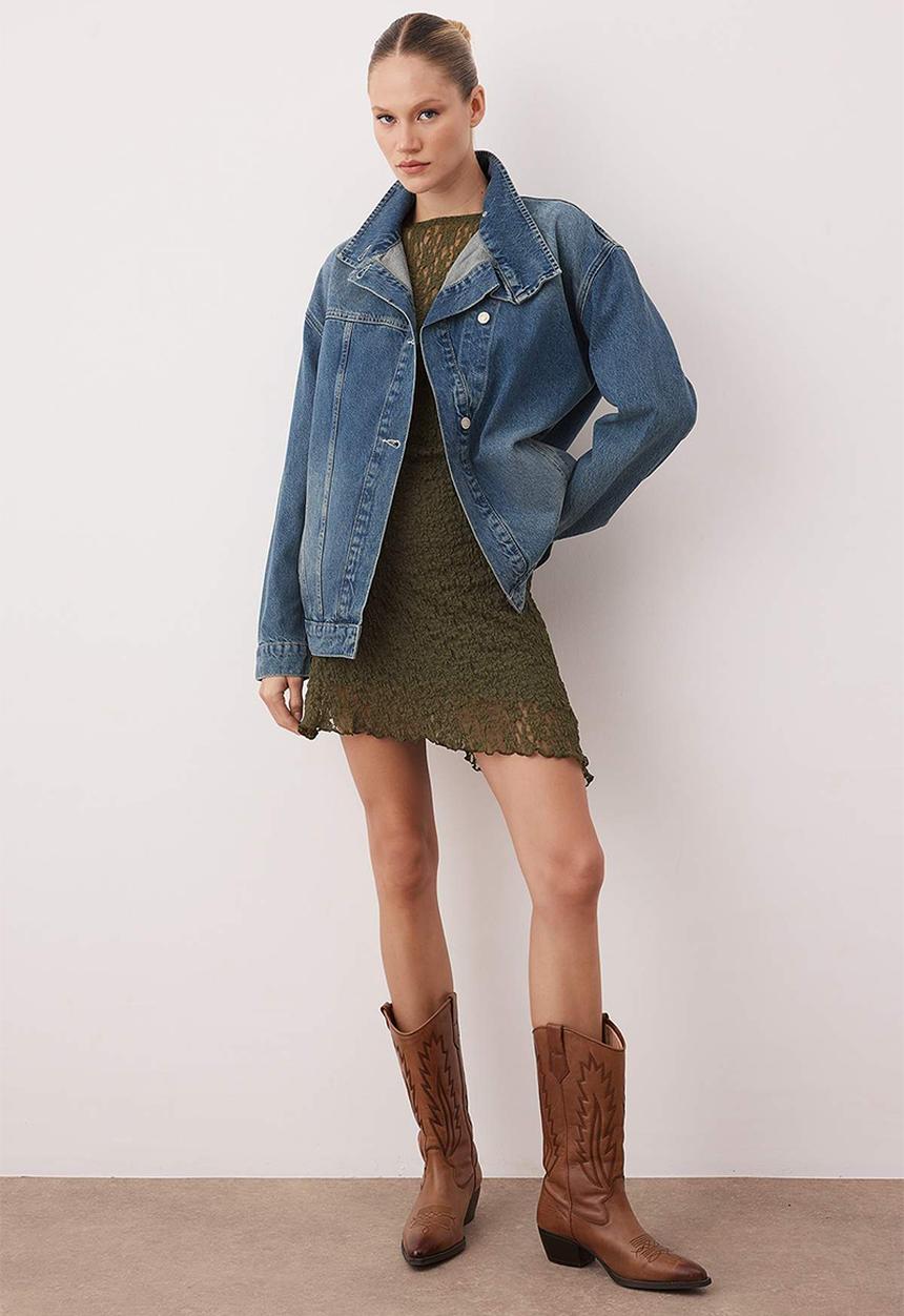 Trendyol - Double Breasted Closure Stand Collar Denim Jacket - Blue