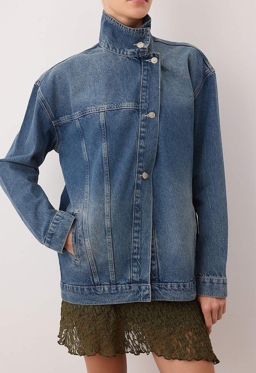 Trendyol - Double Breasted Closure Stand Collar Denim Jacket - Blue