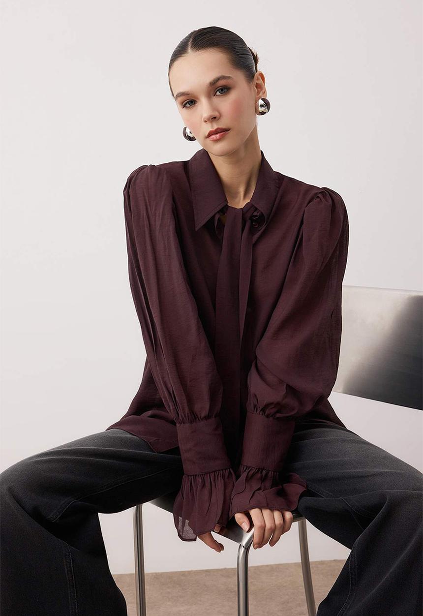 Trendyol - Binding Detail Lightweight Transparent Soft Feel Boho Shirt - Brown