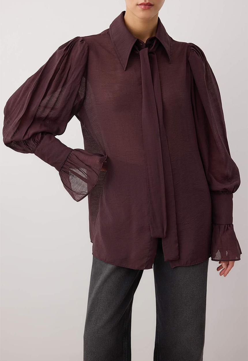 Trendyol - Binding Detail Lightweight Transparent Soft Feel Boho Shirt - Brown