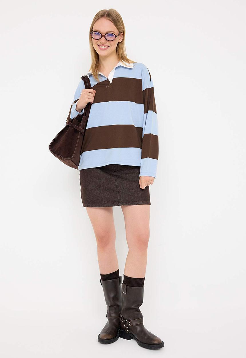 Trendyol - Striped Polo Neck Oversize/Wide Fit Knitted Sweatshirt - Brown & Blue