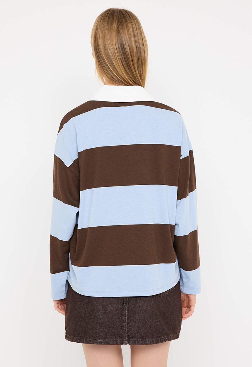 Trendyol - Striped Polo Neck Oversize/Wide Fit Knitted Sweatshirt - Brown & Blue