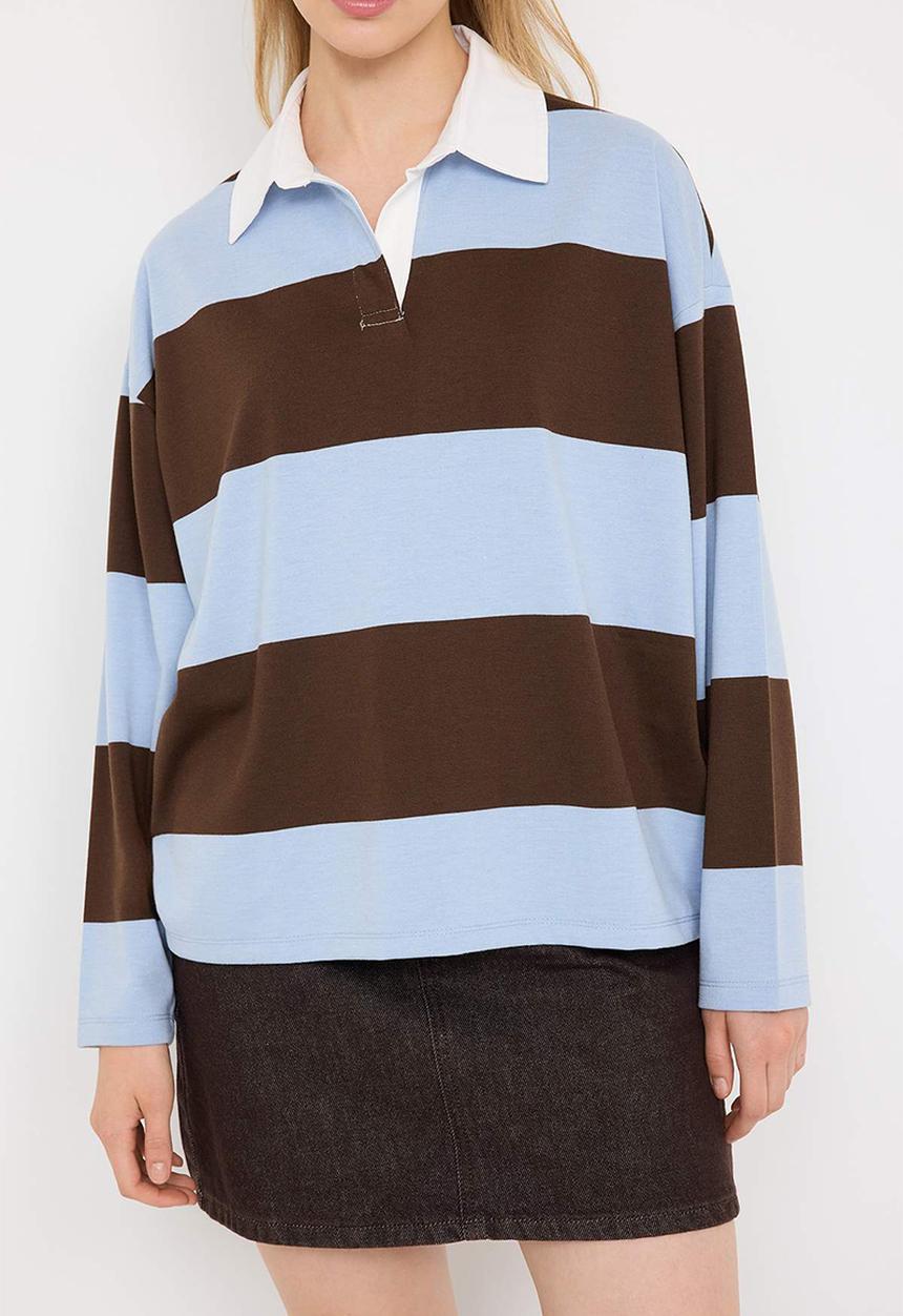 Trendyol - Striped Polo Neck Oversize/Wide Fit Knitted Sweatshirt - Brown & Blue
