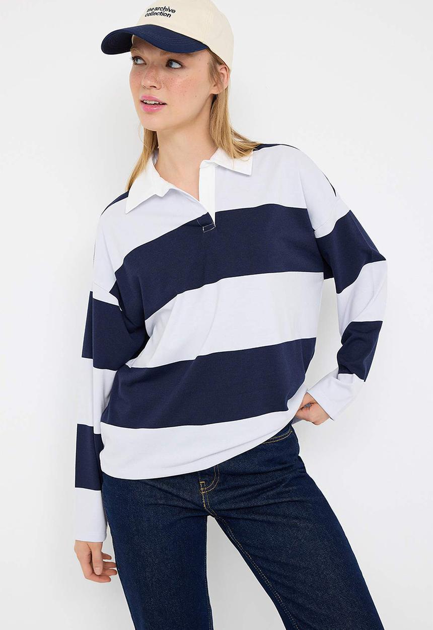 Trendyol - Striped Polo Neck Oversize/Wide Fit Knitted Sweatshirt - Navy Blue 
