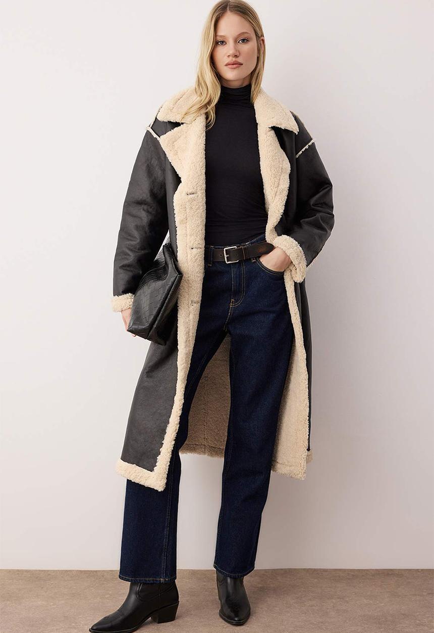 Double-Sided Plush Mono Closure Oversize Long Faux Leather Coat