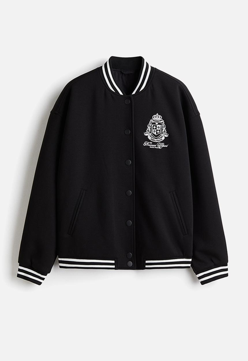 H&M - Motif-detail baseball jacket - black/paris 