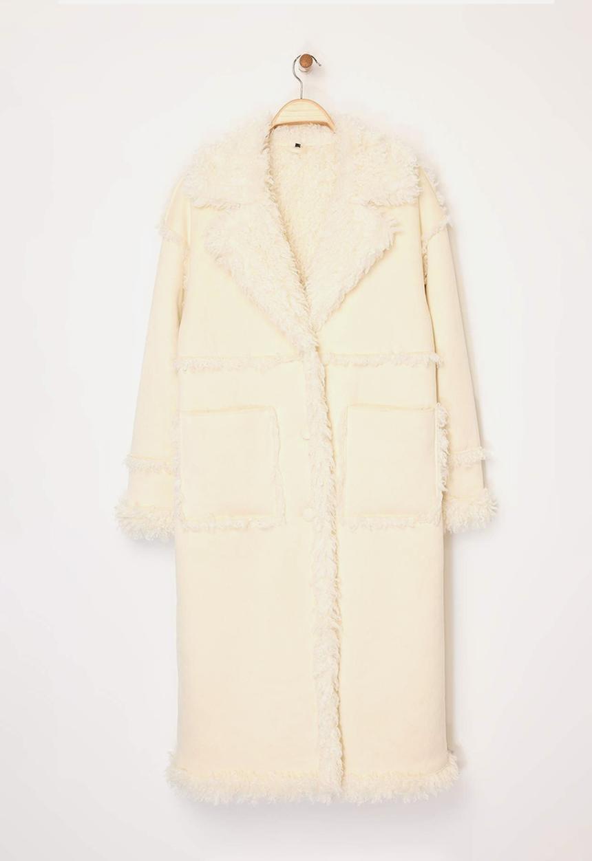 Fur Mono Closure Oversized Long Suede Coat - Ecru