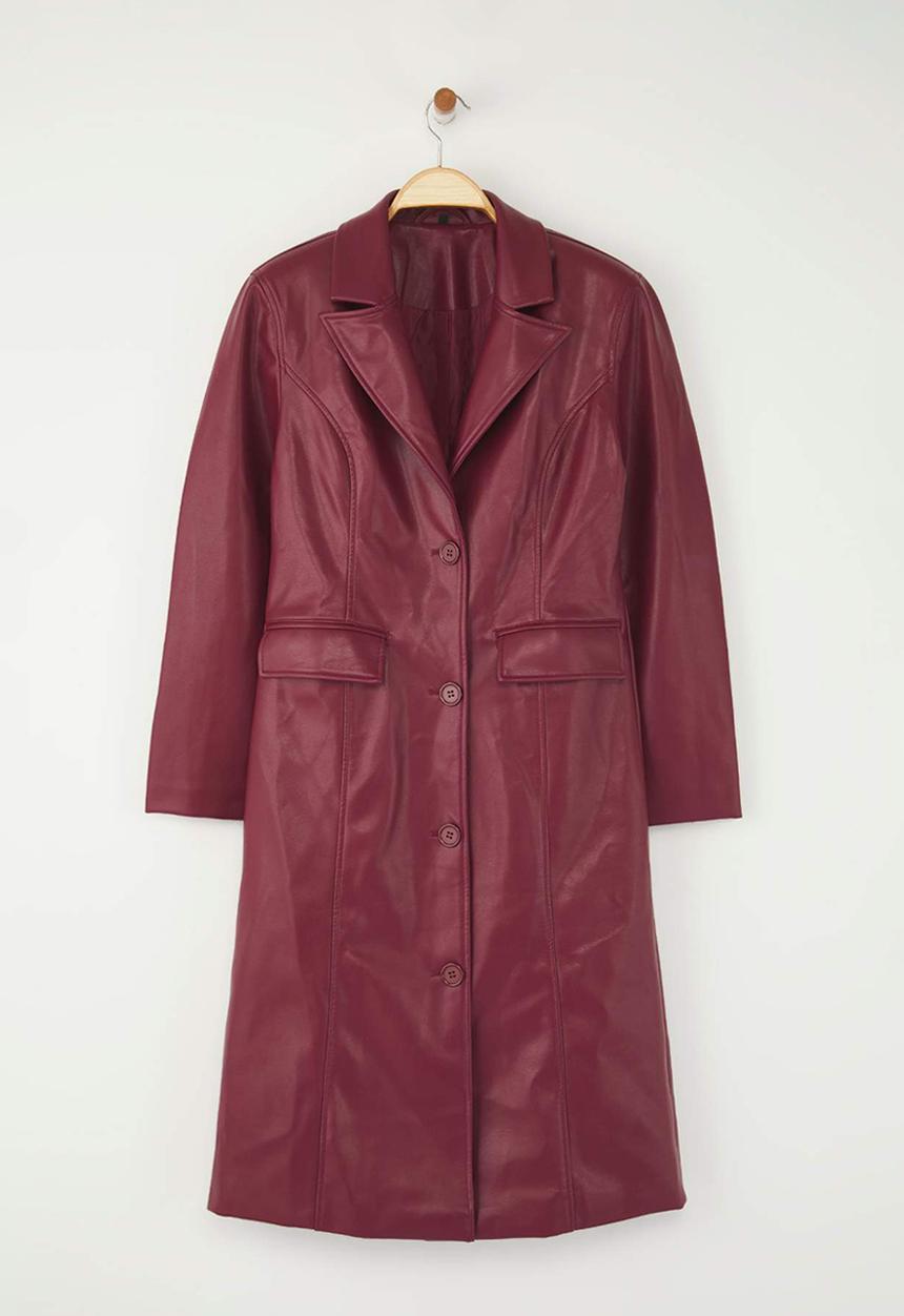 Trendyol - Faux Leather Mono Closure Regular Long Coat - Burgundy