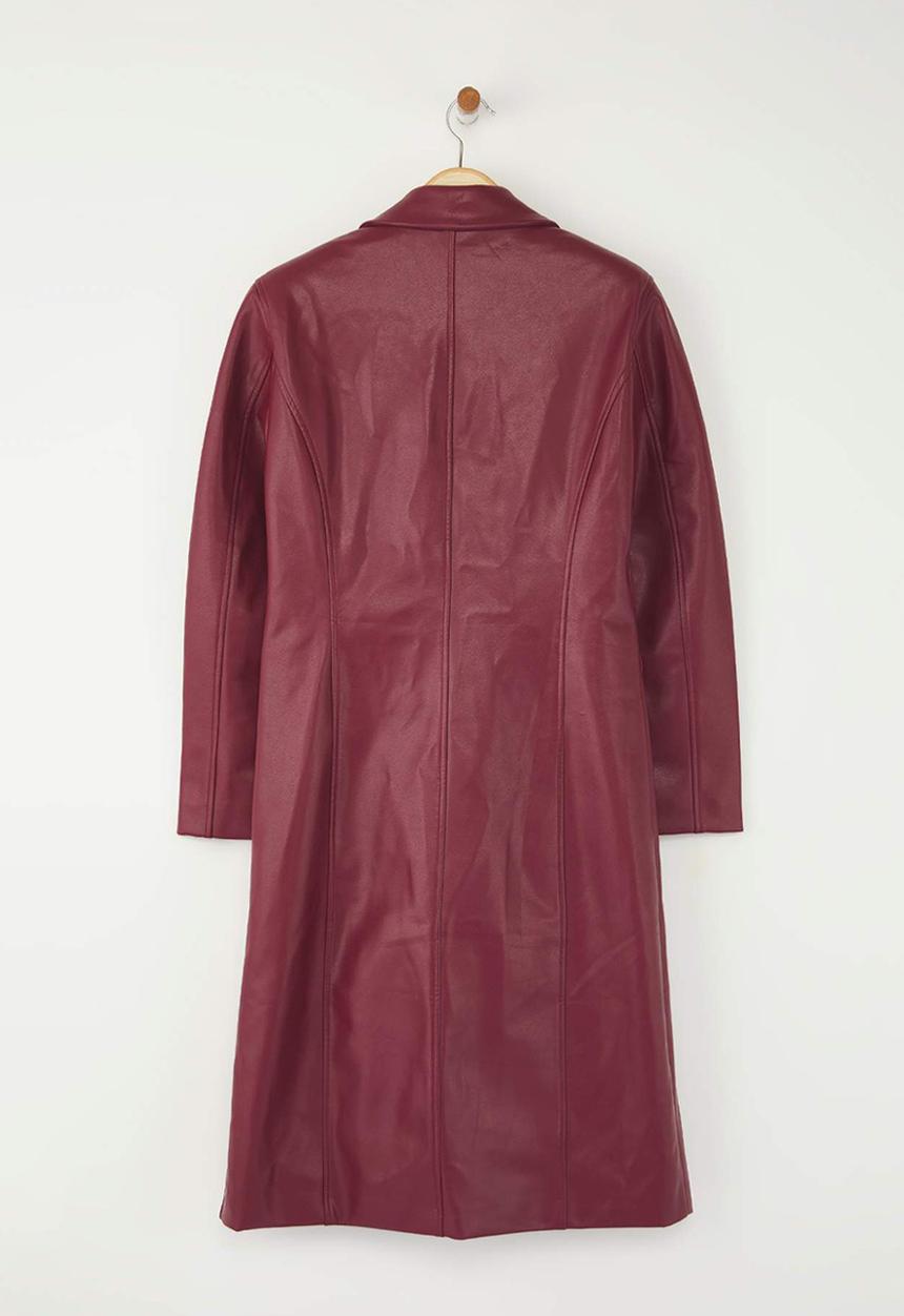 Trendyol - Faux Leather Mono Closure Regular Long Coat - Burgundy