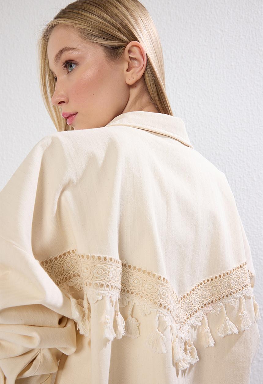 Trendyol - Back Lace Detail Pocket Regular Gabardine Jacket - Beige
