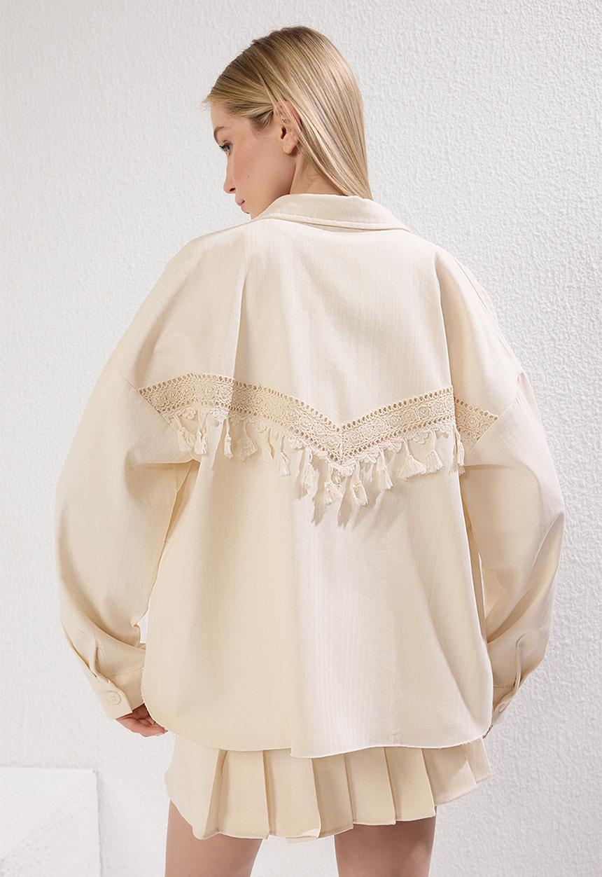 Trendyol - Back Lace Detail Pocket Regular Gabardine Jacket - Beige
