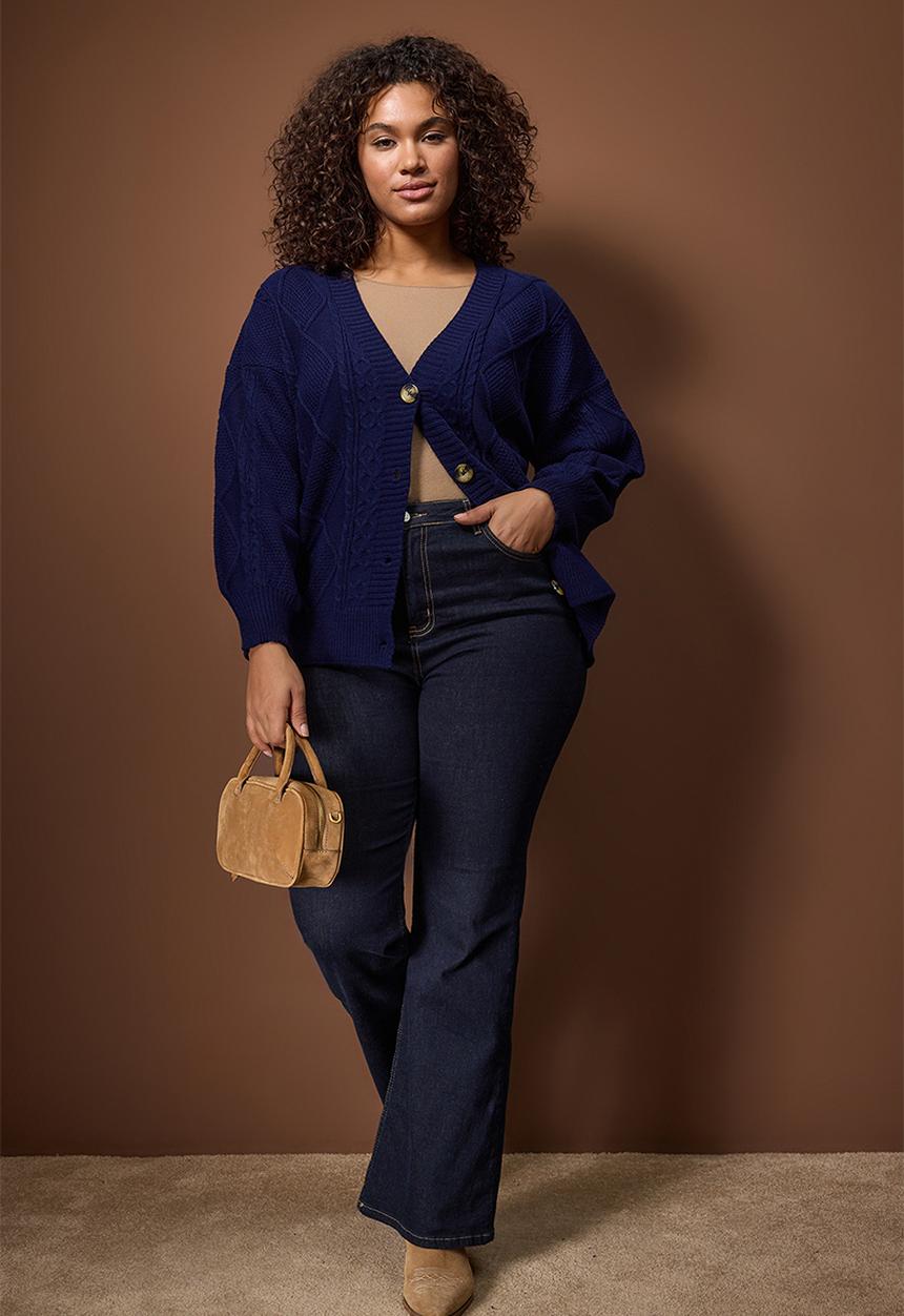 Trendyol - Plus Hair Braid Detailed V-Neck Button Knitwear Cardigan - Navy Blue