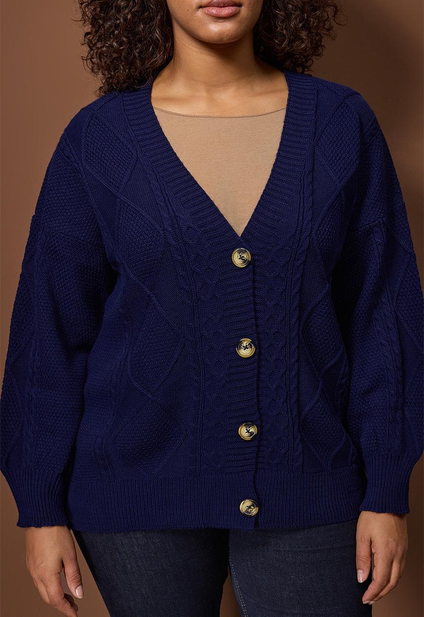Trendyol - Plus Hair Braid Detailed V-Neck Button Knitwear Cardigan - Navy Blue