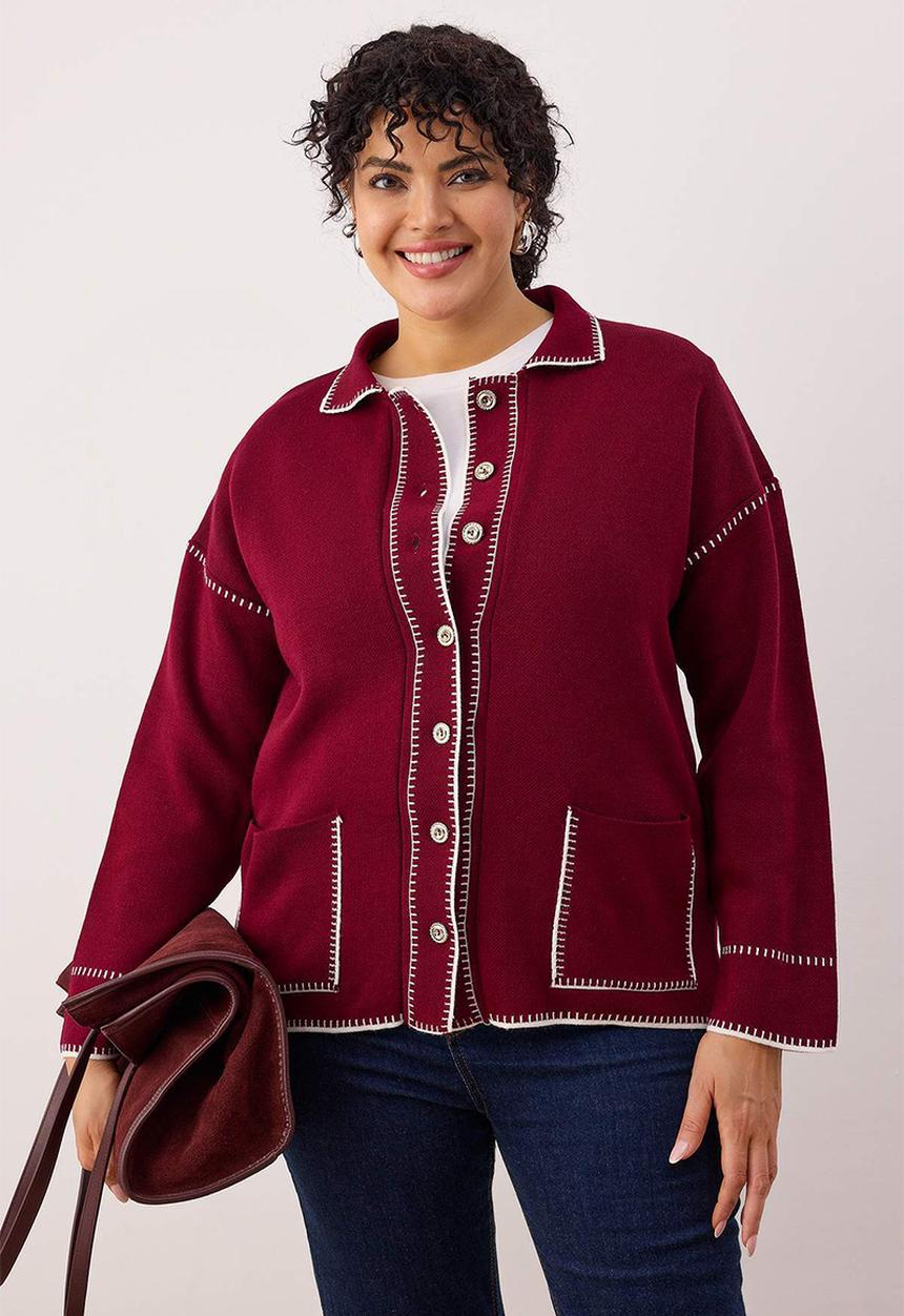 Trendyol - Polo Neck Embroidered Knitwear Cardigan - Burgundy