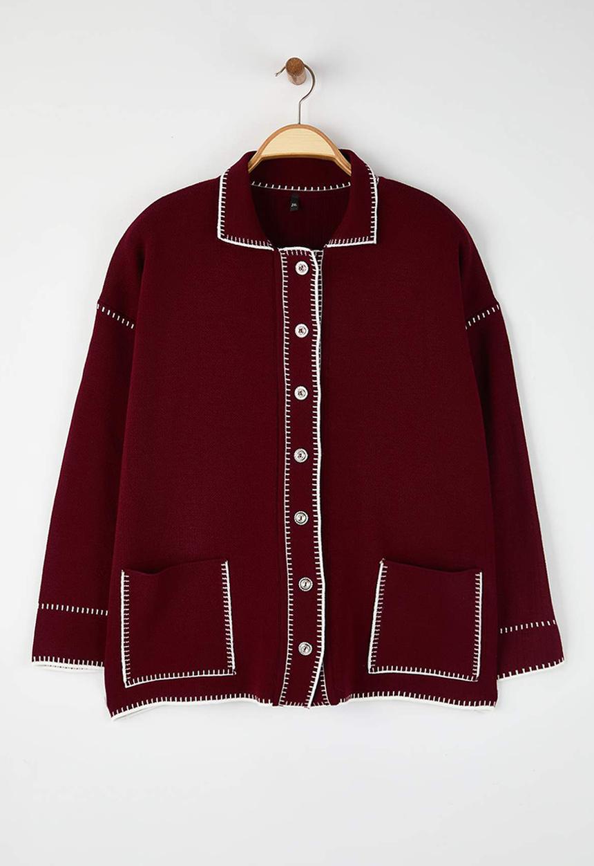 Trendyol - Polo Neck Embroidered Knitwear Cardigan - Burgundy