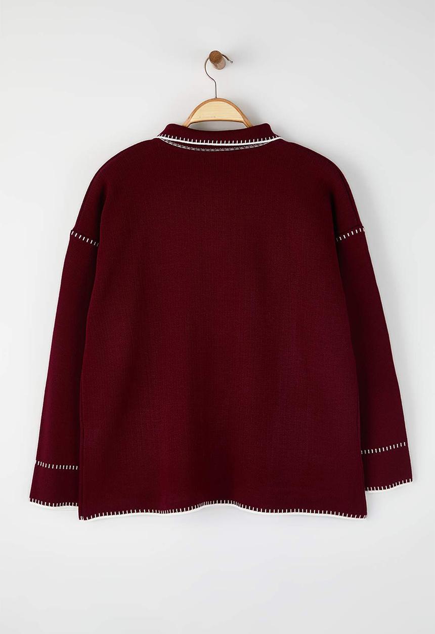 Trendyol - Polo Neck Embroidered Knitwear Cardigan - Burgundy