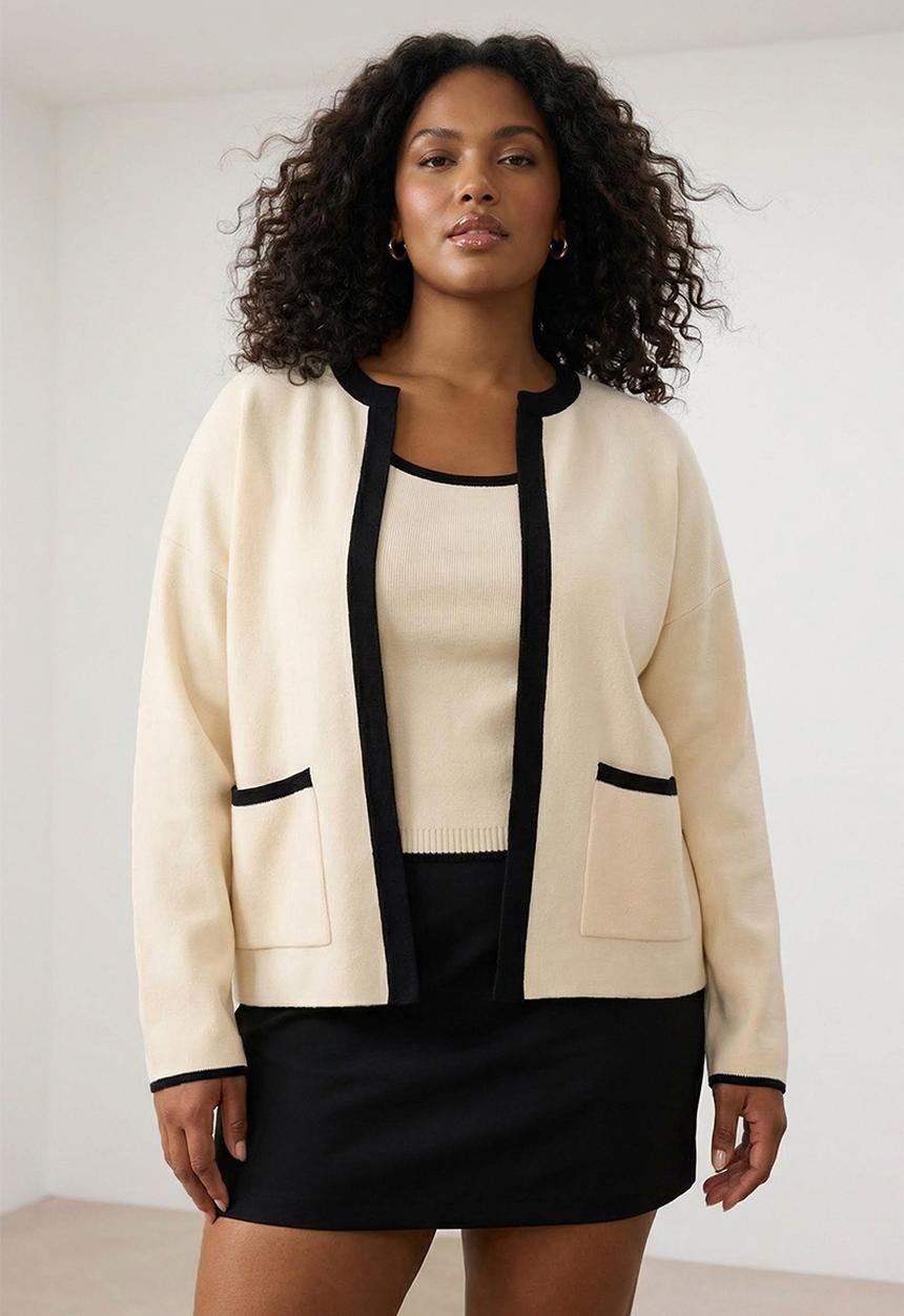 Trendyol - Stripe Detailed Knitwear 2-Piece Blouse-Cardigan Set - Ecru