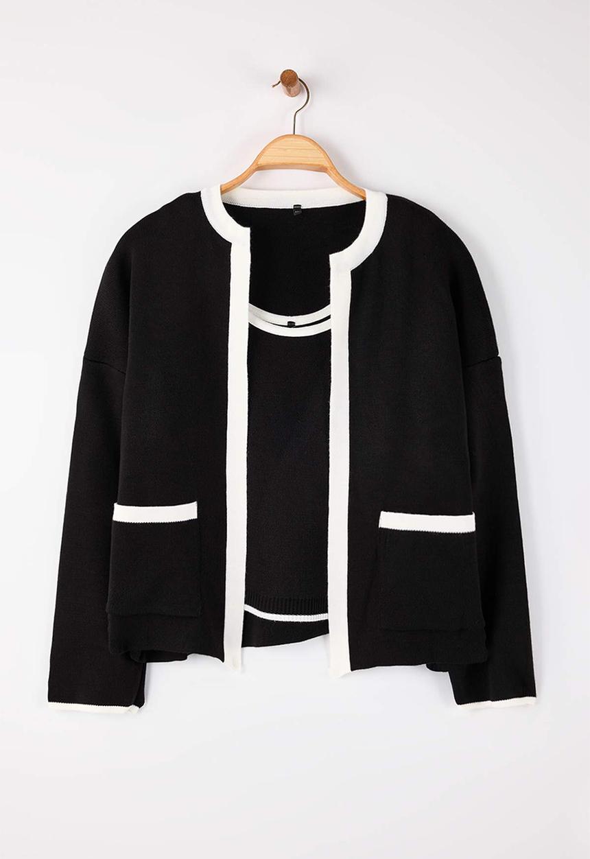 Trendyol - Line Detailed Knitwear 2-Piece Blouse-Cardigan Set - Black