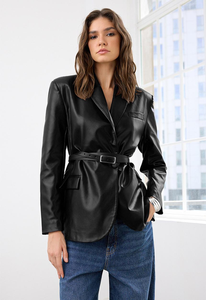 Belted Double-Breasted Closure Faux Leather Woven Blazer Jacket