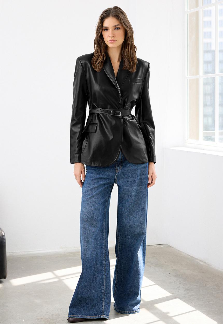Trendyol - Belted Double-Breasted Closure Faux Leather Woven Blazer Jacket - Black