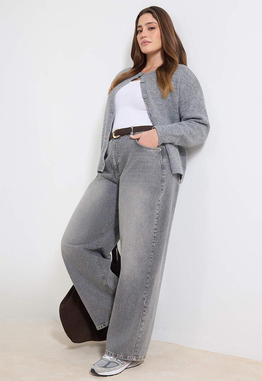 Trendyol - High Waist Barrel Baggy Plus Size Jeans - Grey