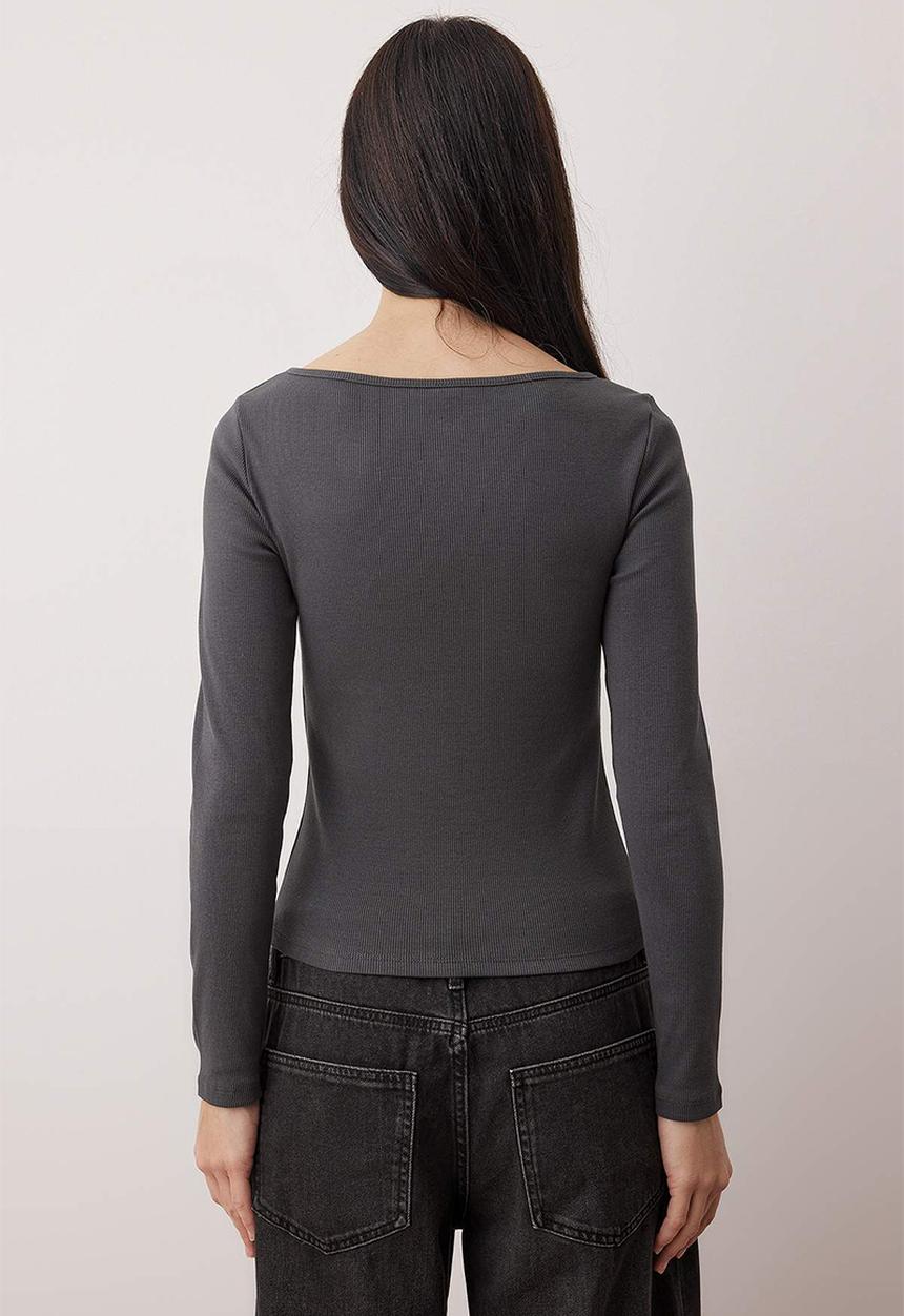 Trendyol - Button Detailed Crew Neck Corded Fabric Flexible Regular Length Knitted Blouse - Anthracite